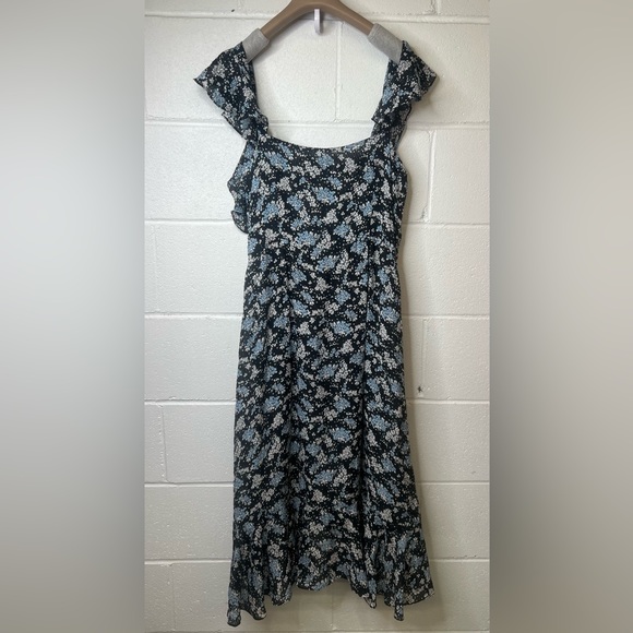 Veronica Beard Floral Amal Dress Silk Navy/Blue asymmetrical midi ruffle career - Picture 4 of 5